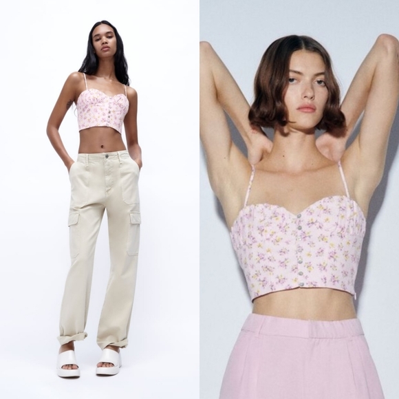 Zara Tops - 🌞ZARA Floral Print Buttom Up Ruched Back Linen Blend Crop Top